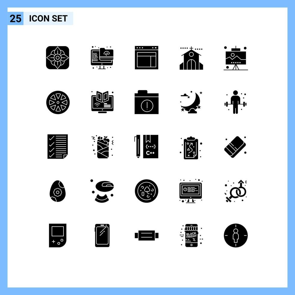 Set of 25 Commercial Solid Glyphs pack for development holiday layout event celebration Editable Vector Design Elements