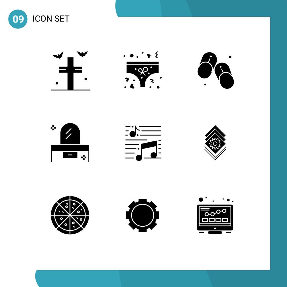 Set of 9 Modern UI Icons Symbols Signs for music dresser flip flops drawer beauty Editable Vector Design Elements