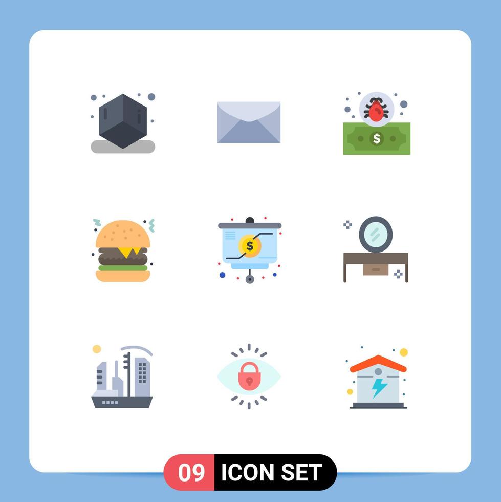 Universal Icon Symbols Group of 9 Modern Flat Colors of beauty salon mirror chart payment strategy food Editable Vector Design Elements