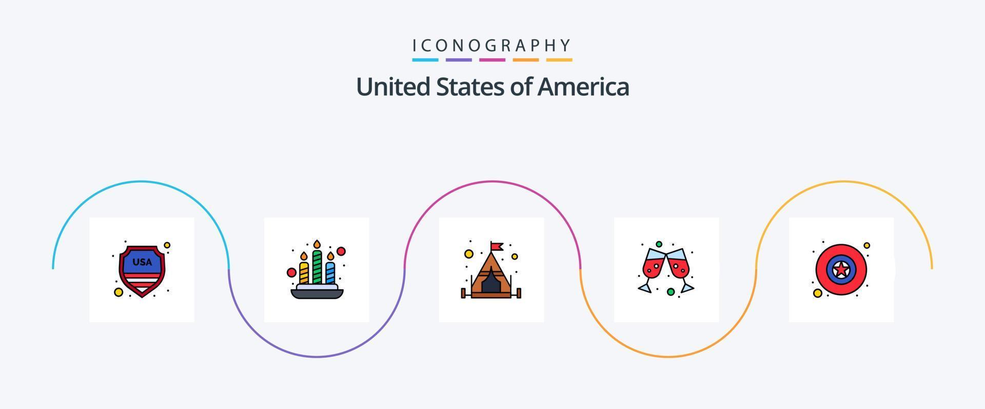 Estados Unidos línea lleno plano 5 5 icono paquete incluso . estrella. cámping. militar. vino vaso vector