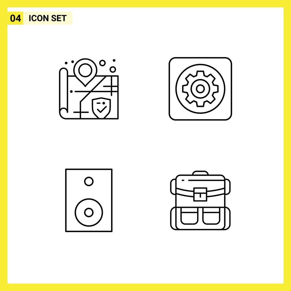Mobile Interface Line Set of 4 Pictograms of location electronics gear setting speaker Editable Vector Design Elements