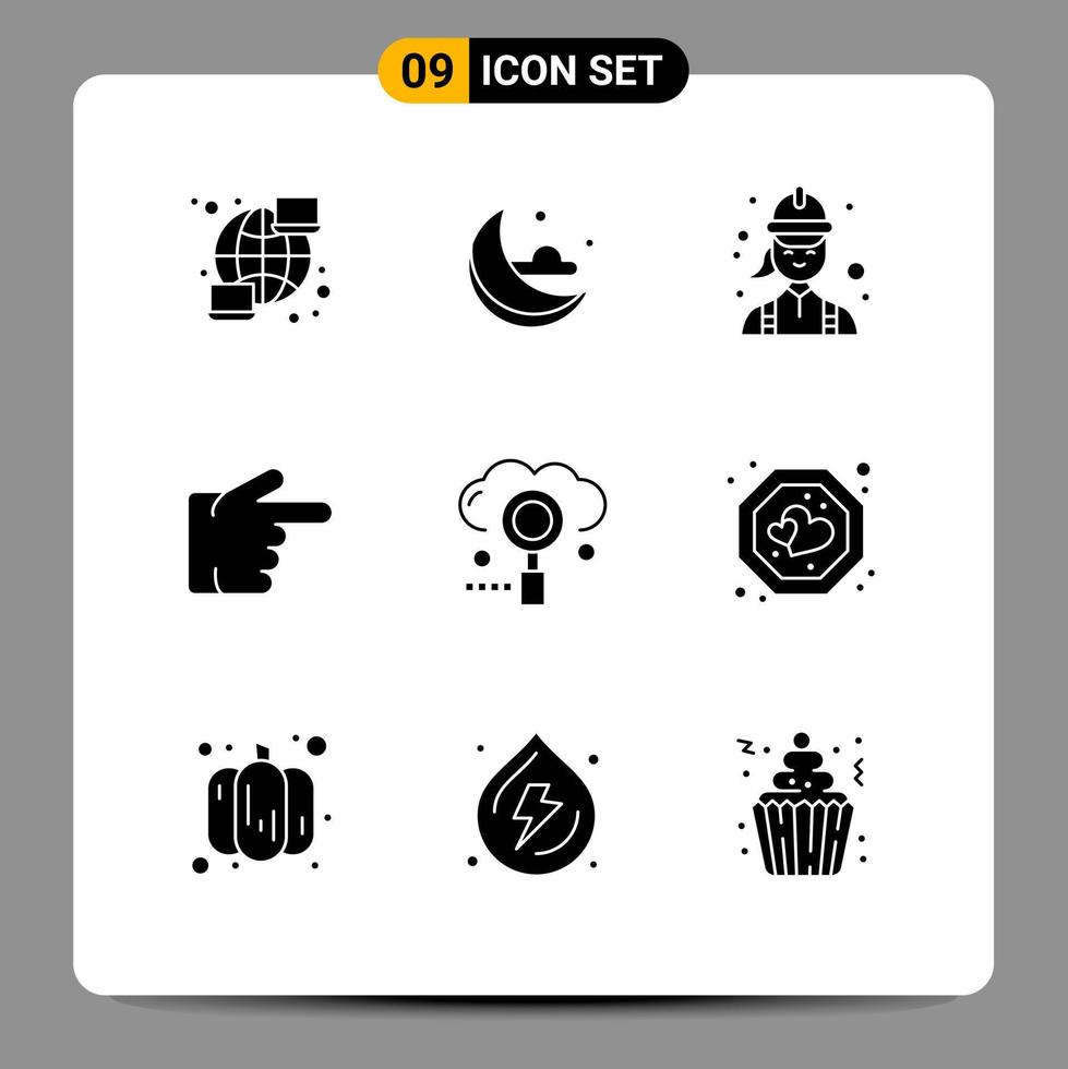 Group of 9 Solid Glyphs Signs and Symbols for media cloud electrician right finger Editable Vector Design Elements