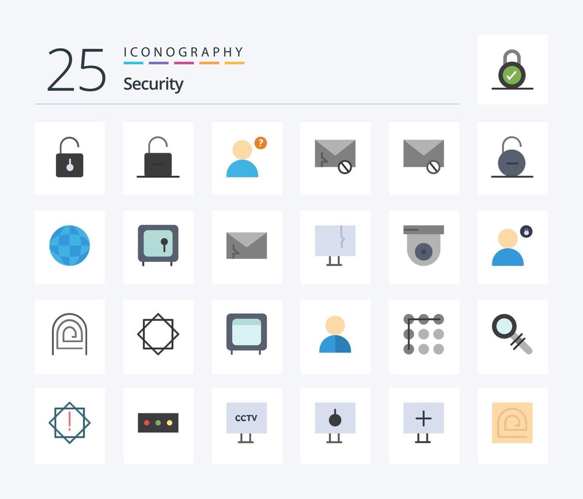 Security 25 Flat Color icon pack including global. secure. mail. safety. lock vector