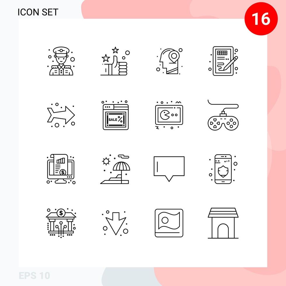 Group of 16 Outlines Signs and Symbols for direction arrow map learning head Editable Vector Design Elements
