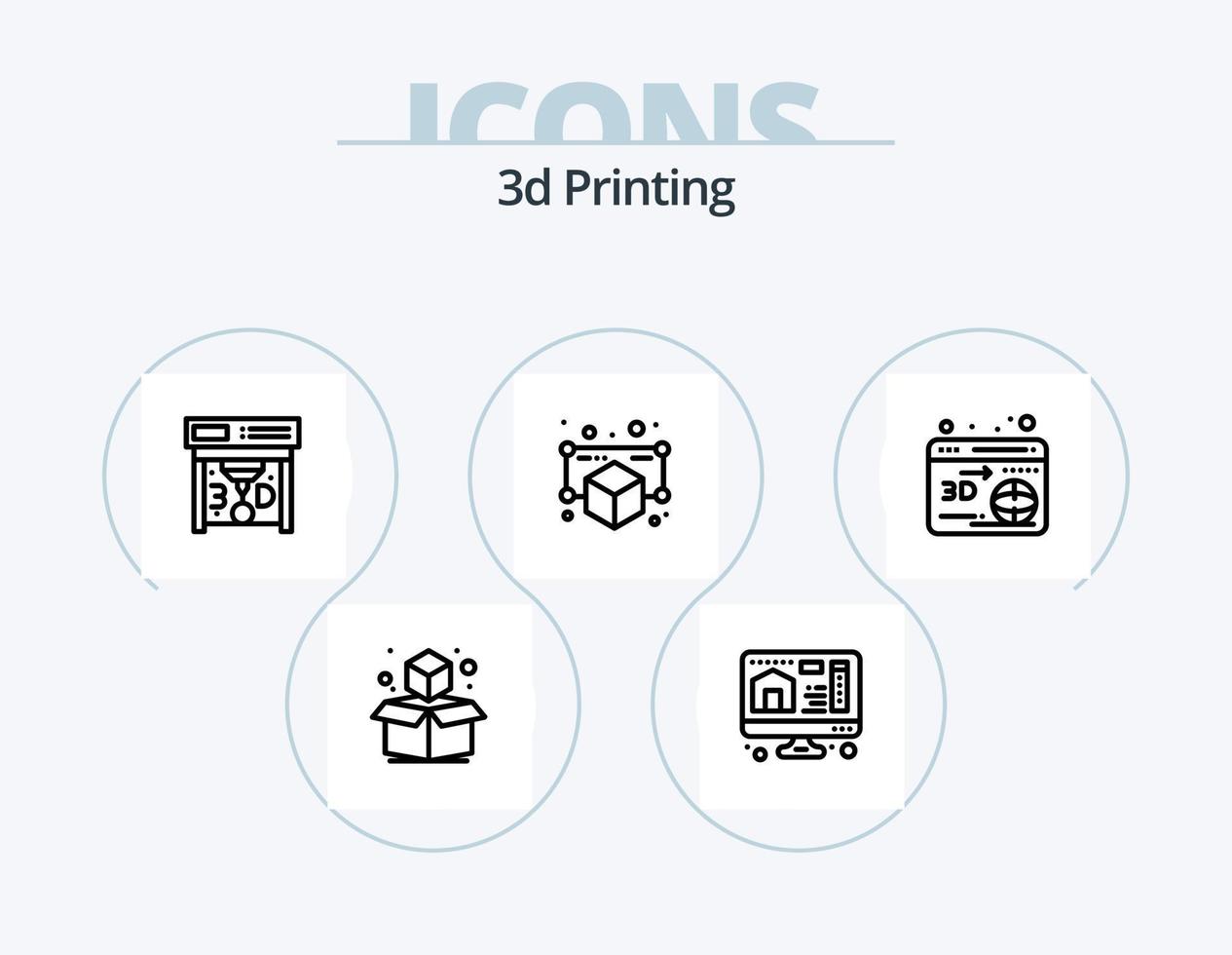 3d impresión línea icono paquete 5 5 icono diseño. modelo. 3d. impresora. escáner. fábrica vector