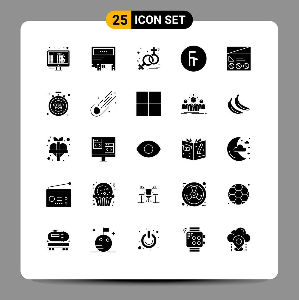 25 Universal Solid Glyph Signs Symbols of lo foreign paper finance franc Editable Vector Design Elements