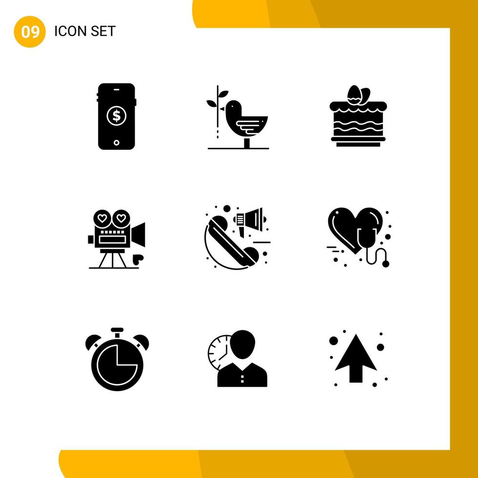 9 Universal Solid Glyph Signs Symbols of valentine video camera pacifism movie egg Editable Vector Design Elements