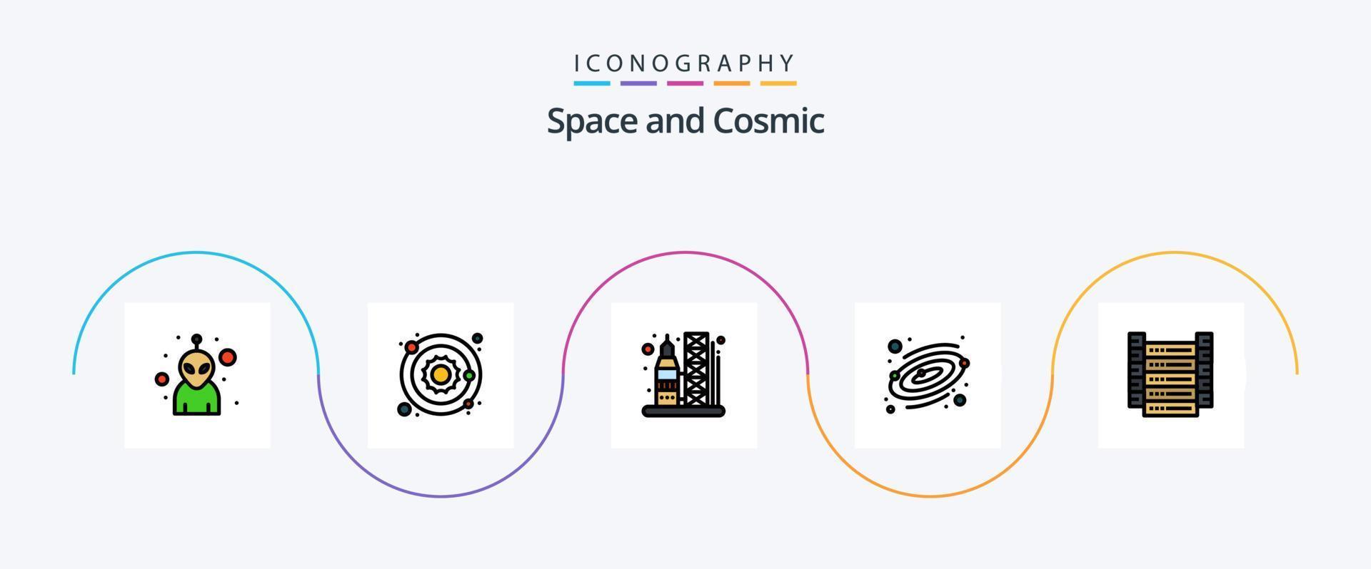 Space Line Filled Flat 5 Icon Pack Including servers. data. rocket. big data. planet vector