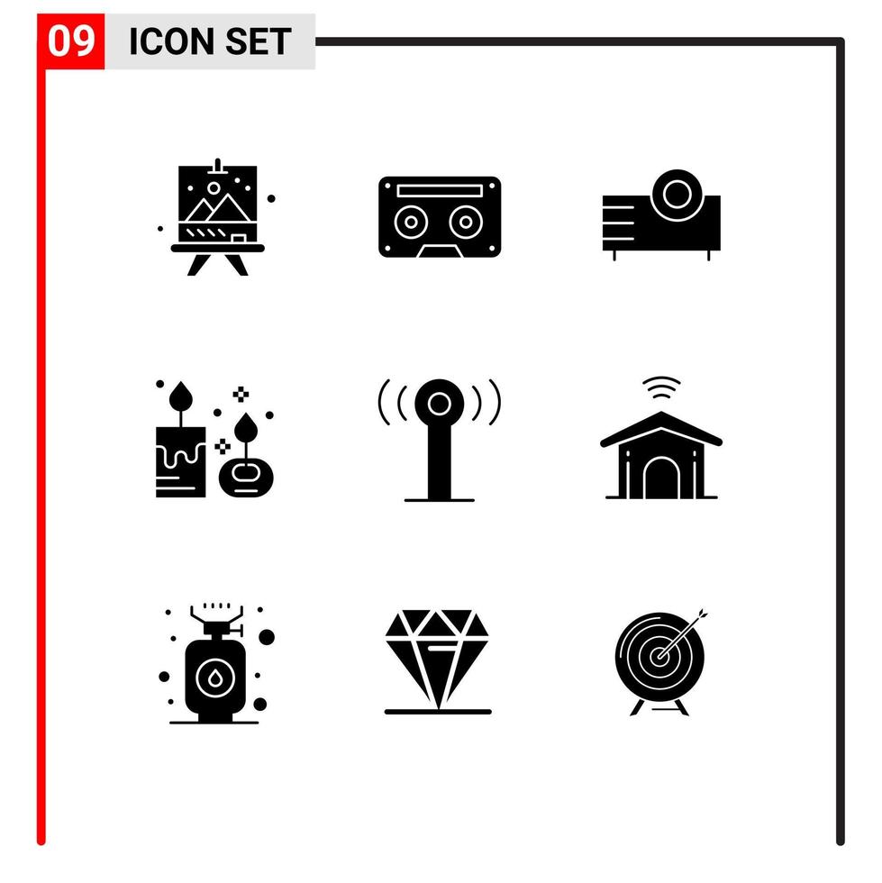 Mobile Interface Solid Glyph Set of 9 Pictograms of candle aroma candle tape aroma projector Editable Vector Design Elements