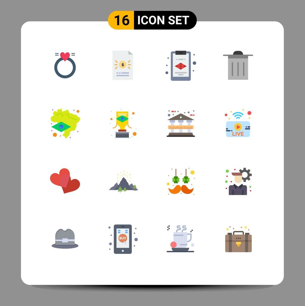 16 User Interface Flat Color Pack of modern Signs and Symbols of brazilian flag finance brazil trash Editable Pack of Creative Vector Design Elements