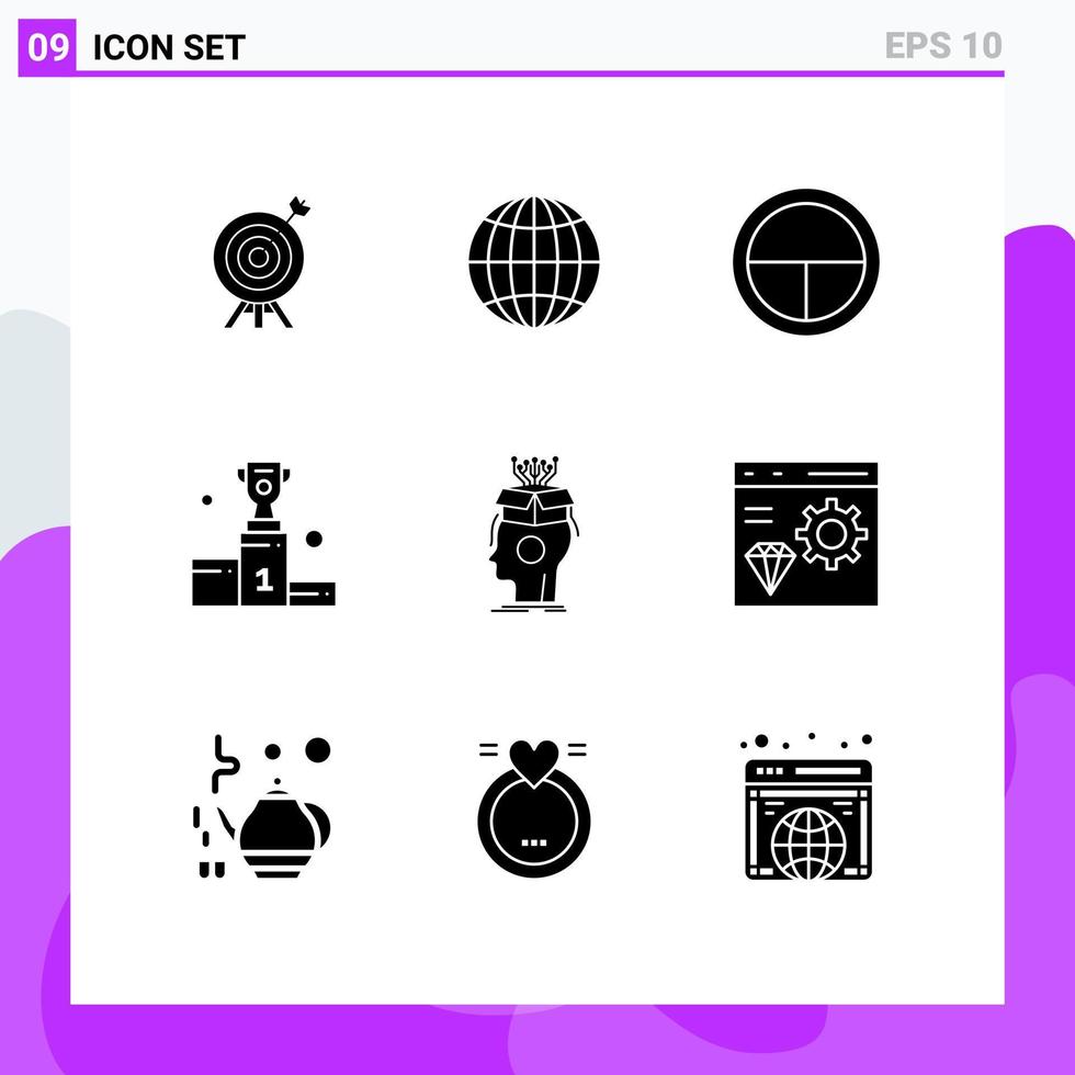 9 Thematic Vector Solid Glyphs and Editable Symbols of artificial business badge medal cup Editable Vector Design Elements