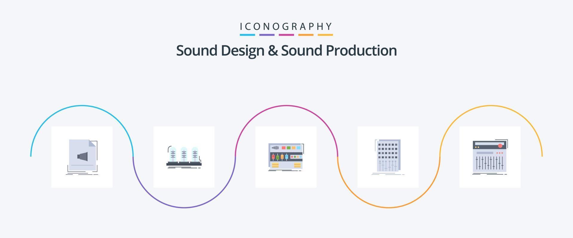 Sound Design And Sound Production Flat 5 Icon Pack Including control. sound. sound. rackmount. mastering vector