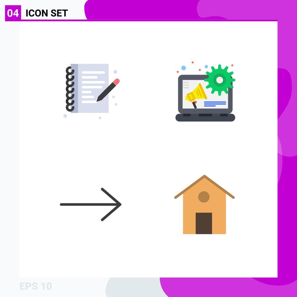 Group of 4 Modern Flat Icons Set for hobbies home note book content building Editable Vector Design Elements
