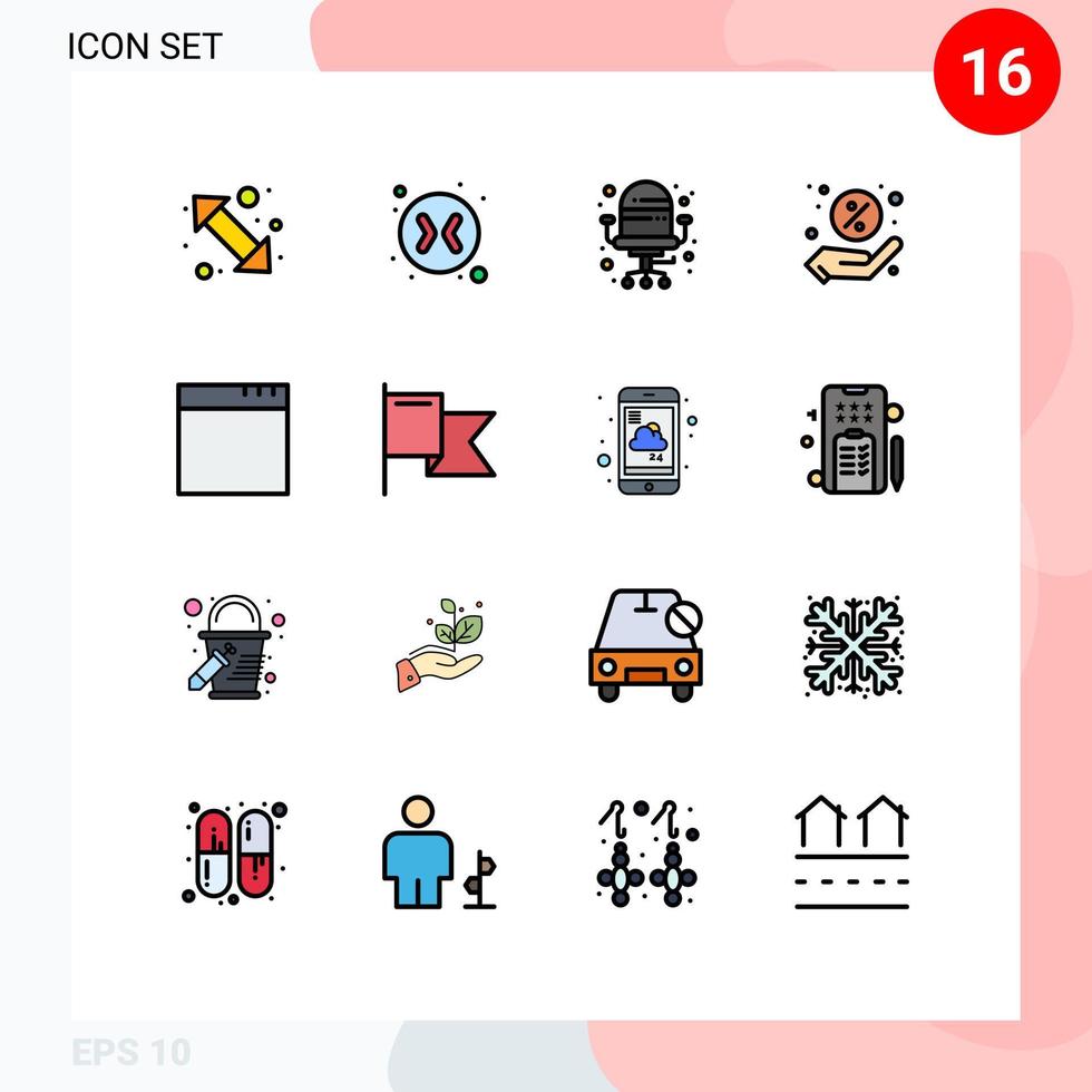 Mobile Interface Flat Color Filled Line Set of 16 Pictograms of flag windows chair app sale Editable Creative Vector Design Elements