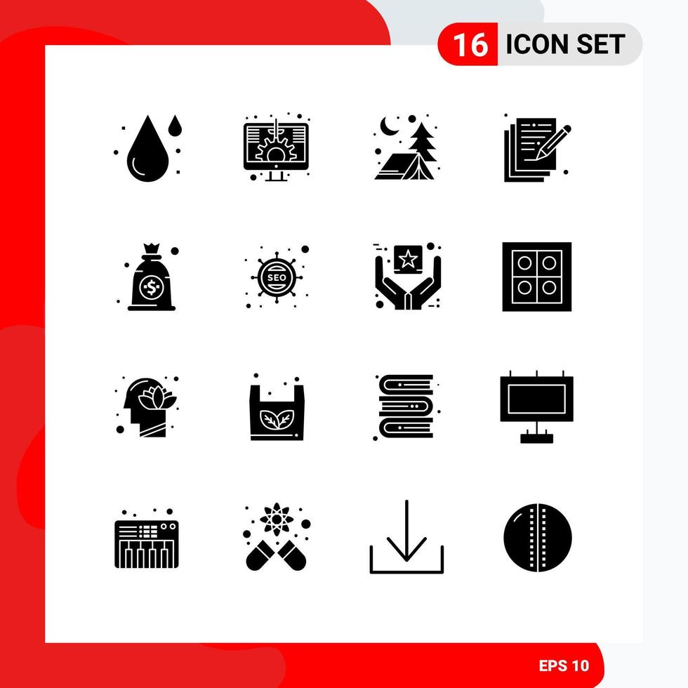 Group of 16 Solid Glyphs Signs and Symbols for money bag adventure write art Editable Vector Design Elements