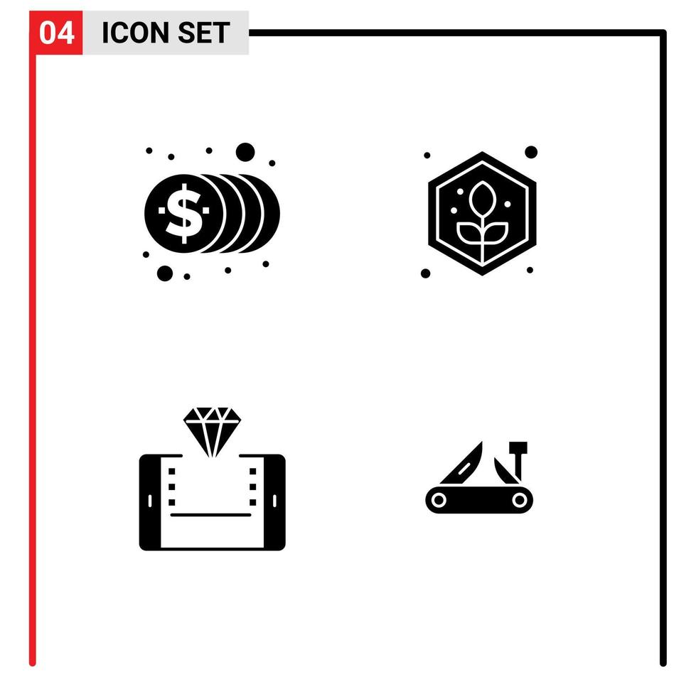 Pack of 4 Modern Solid Glyphs Signs and Symbols for Web Print Media such as coins online money plant shopping Editable Vector Design Elements
