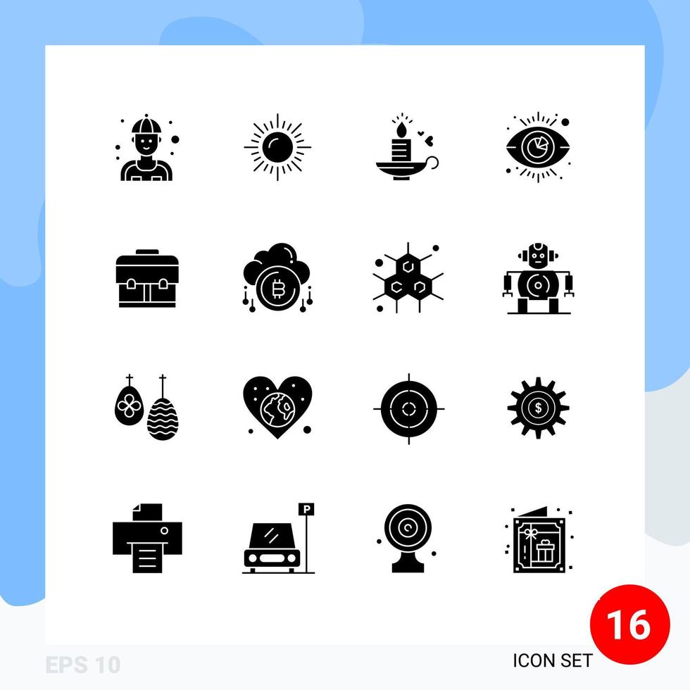 Editable Vector Line Pack of 16 Simple Solid Glyphs of school bag love analytics view Editable Vector Design Elements