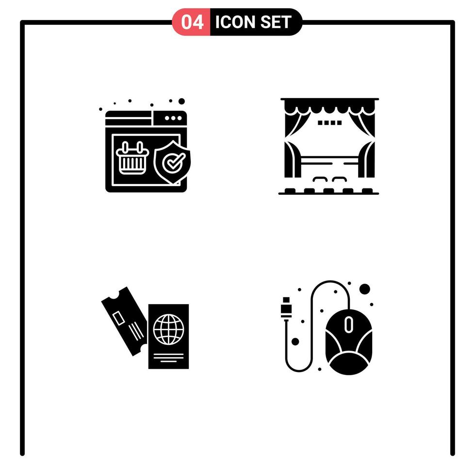 Pack of 4 Modern Solid Glyphs Signs and Symbols for Web Print Media such as quality passport shopping stage tickets Editable Vector Design Elements