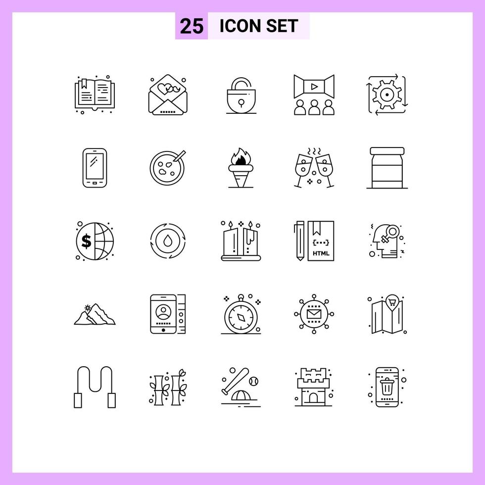 Line Pack of 25 Universal Symbols of automation multimedia lock movie cinema Editable Vector Design Elements