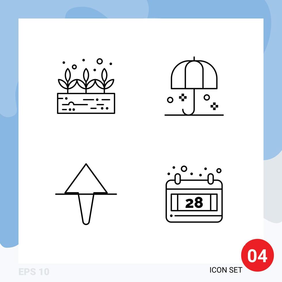 Mobile Interface Line Set of 4 Pictograms of green plant up protection sunshade date Editable Vector Design Elements
