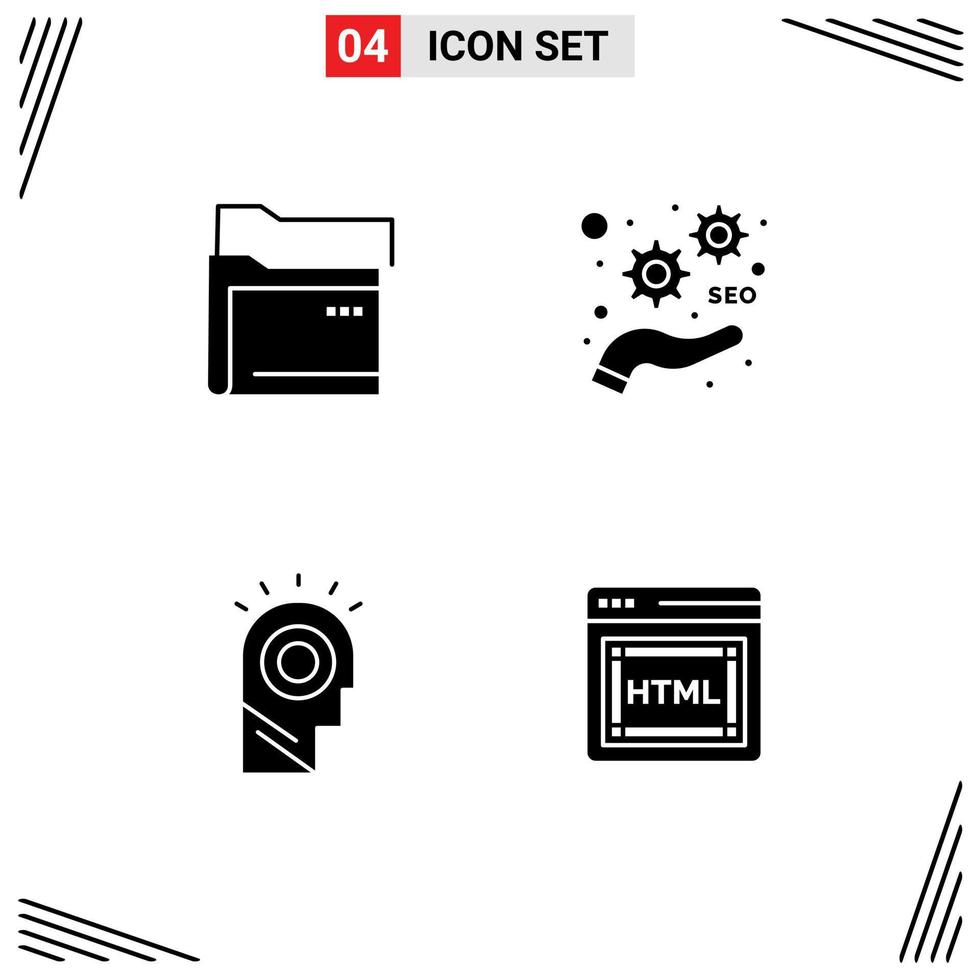Pack of 4 creative Solid Glyphs of data light network seo hat Editable Vector Design Elements
