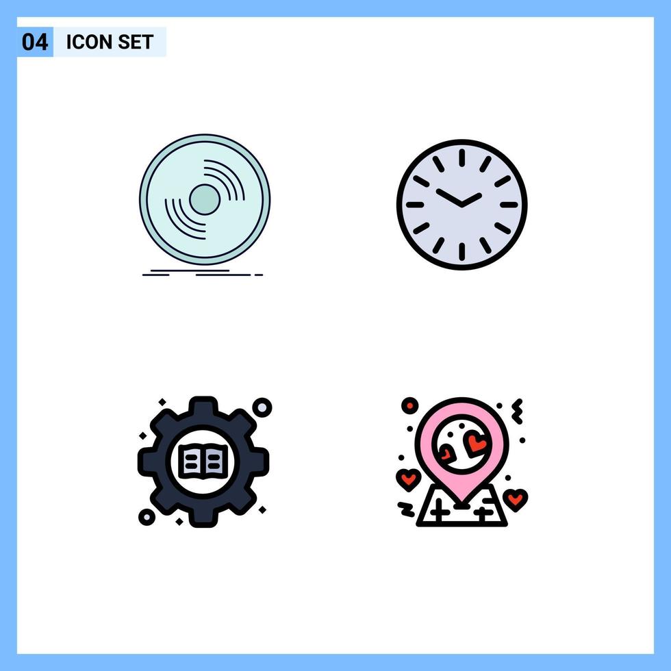 4 Creative Icons Modern Signs and Symbols of disc gear record clock book Editable Vector Design Elements