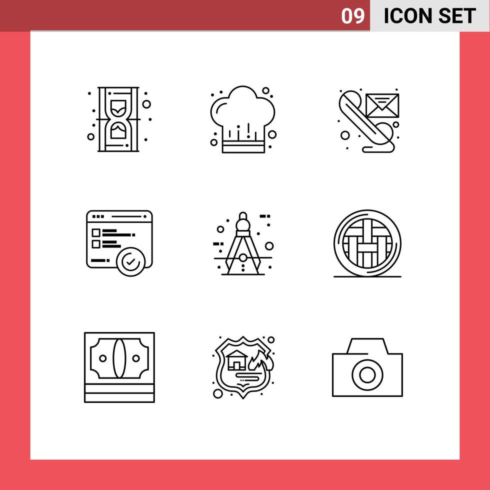 Mobile Interface Outline Set of 9 Pictograms of architect testing email speed telephone Editable Vector Design Elements