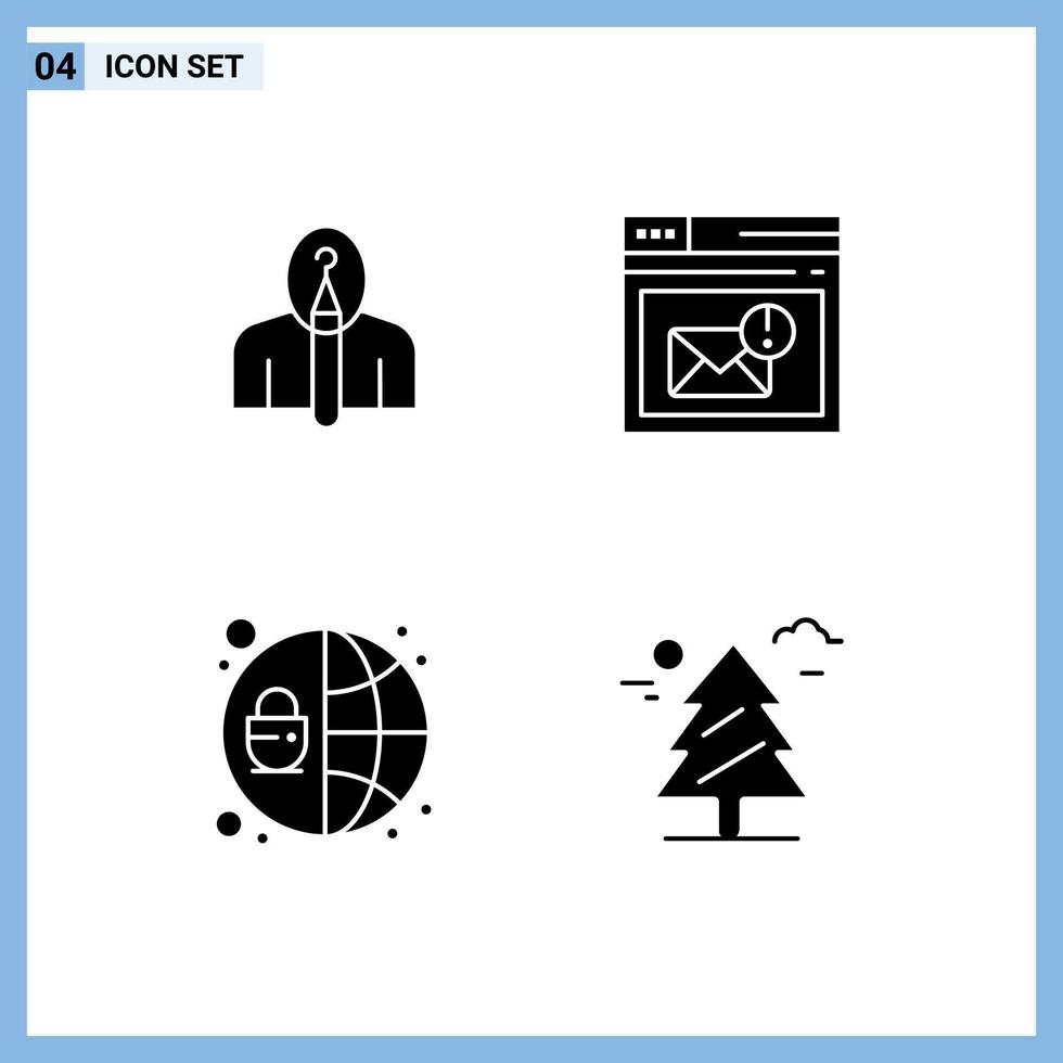Mobile Interface Solid Glyph Set of 4 Pictograms of anonymous alert authorship inbox protection Editable Vector Design Elements