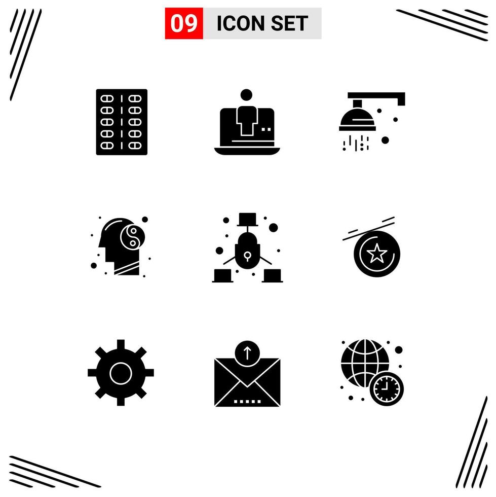 Set of 9 Modern UI Icons Symbols Signs for mind meditation technology balance wash Editable Vector Design Elements