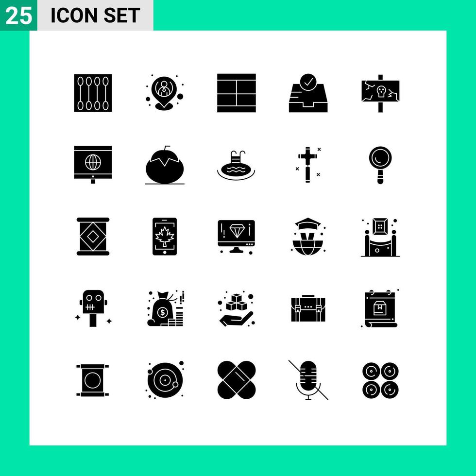 Editable Vector Line Pack of 25 Simple Solid Glyphs of mailbox check location layout draw Editable Vector Design Elements
