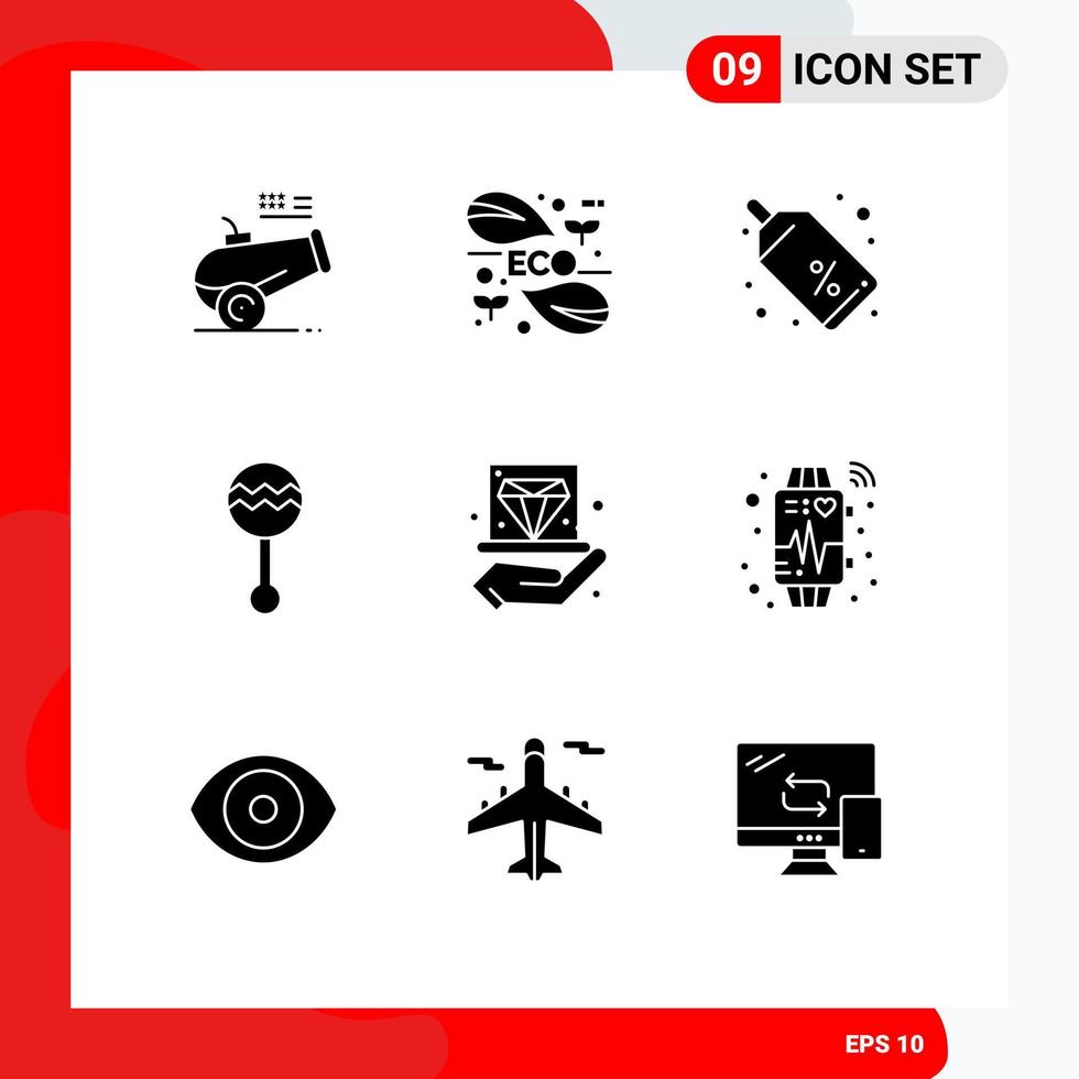 Group of 9 Modern Solid Glyphs Set for sound maracas science instrument price tag Editable Vector Design Elements