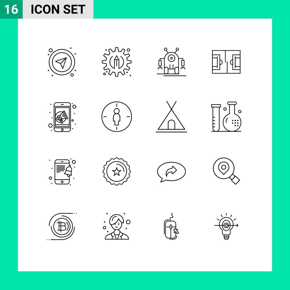 Pictogram Set of 16 Simple Outlines of mobile advertising robotic soccer field Editable Vector Design Elements