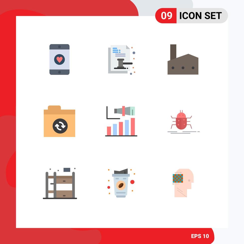 Mobile Interface Flat Color Set of 9 Pictograms of long sync factory folder nuclear plant Editable Vector Design Elements
