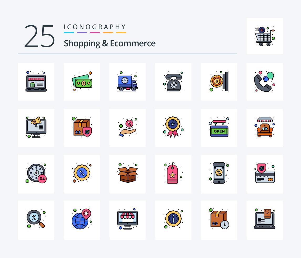 Shopping And Ecommerce 25 Line Filled icon pack including payment. coin. schedule. communication. phone vector
