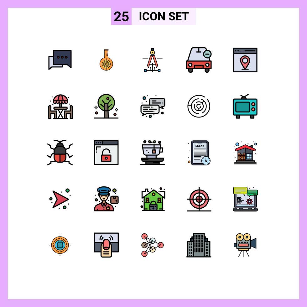 Set of 25 Vector Filled line Flat Colors on Grid for communication minus compass less car Editable Vector Design Elements
