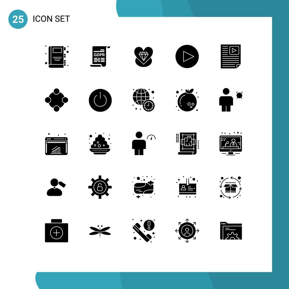 Mobile Interface Solid Glyph Set of 25 Pictograms of video paper love page play Editable Vector Design Elements