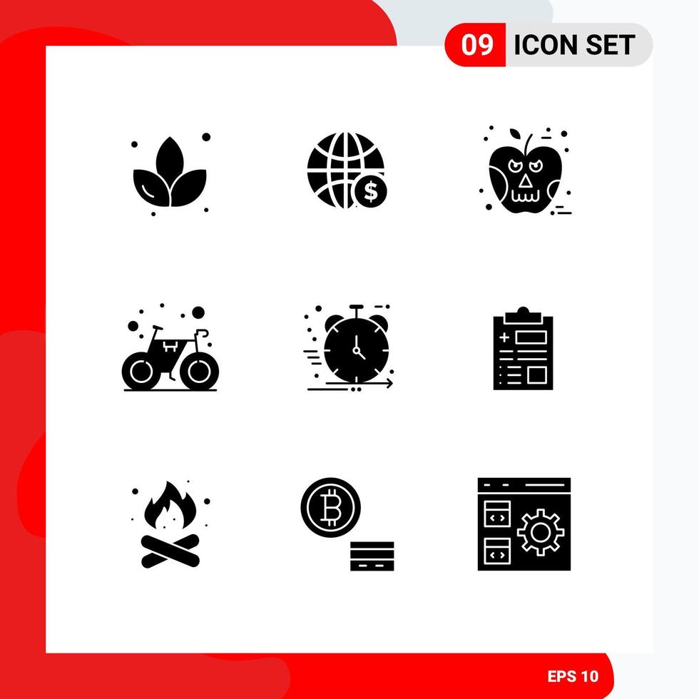 Editable Vector Line Pack of 9 Simple Solid Glyphs of agile gym apple cycle bicycle Editable Vector Design Elements