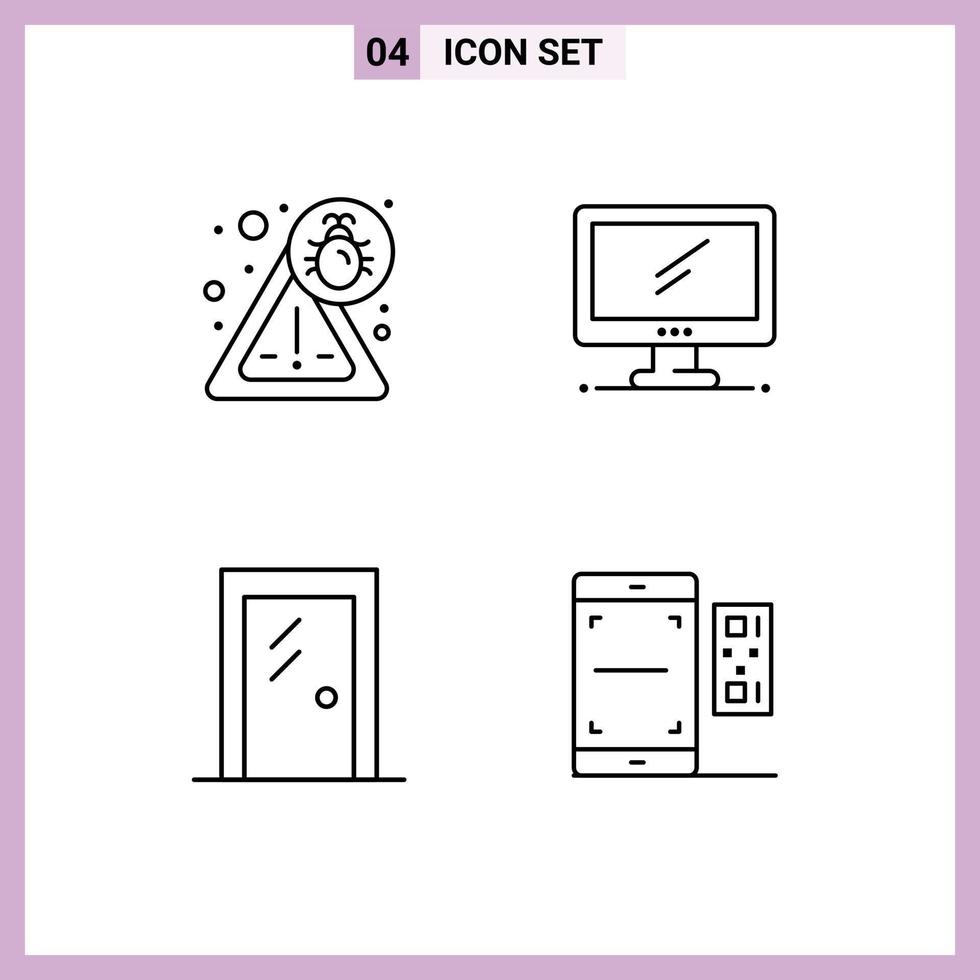 Set of 4 Modern UI Icons Symbols Signs for bug glass door computer imac interior Editable Vector Design Elements