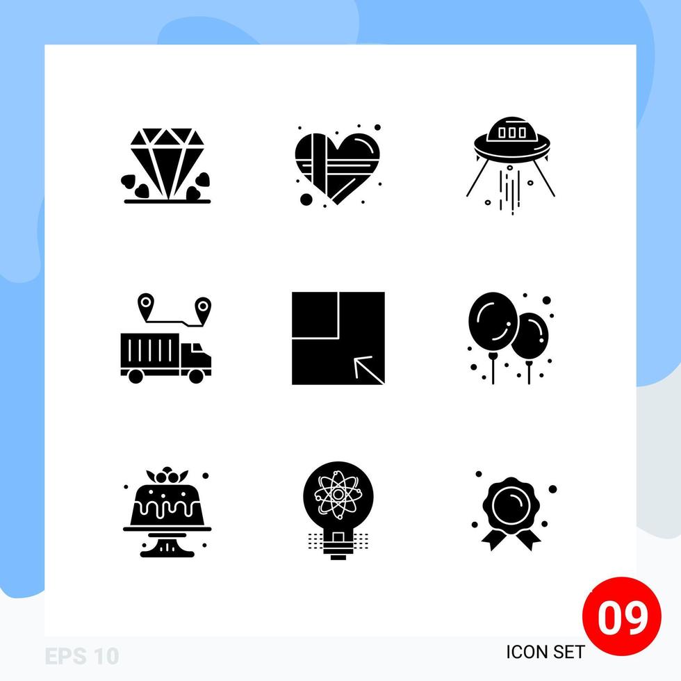 Modern Set of 9 Solid Glyphs and symbols such as valentine transportation space ship location alien Editable Vector Design Elements