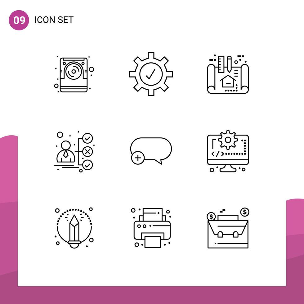 Pack of 9 Modern Outlines Signs and Symbols for Web Print Media such as message chat architecture candidate career Editable Vector Design Elements