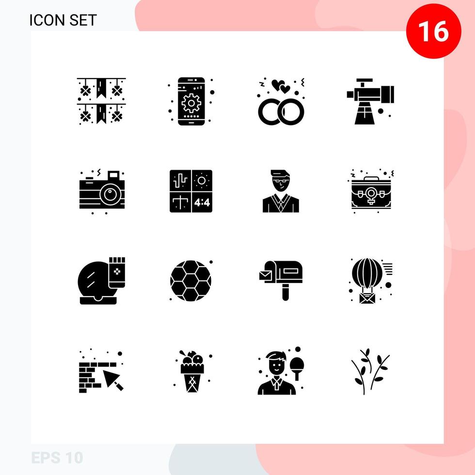 User Interface Pack of 16 Basic Solid Glyphs of night camera love telescope scope Editable Vector Design Elements