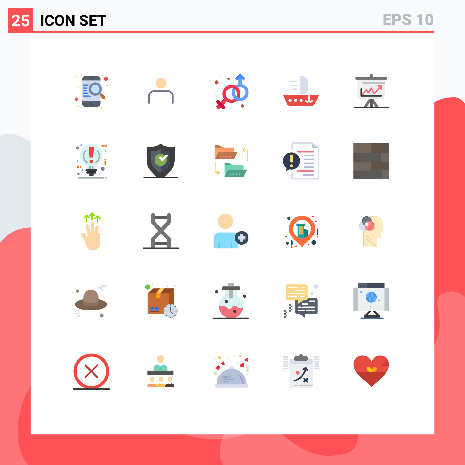 Modern Set of 25 Flat Colors Pictograph of graph skiff user ship venus
