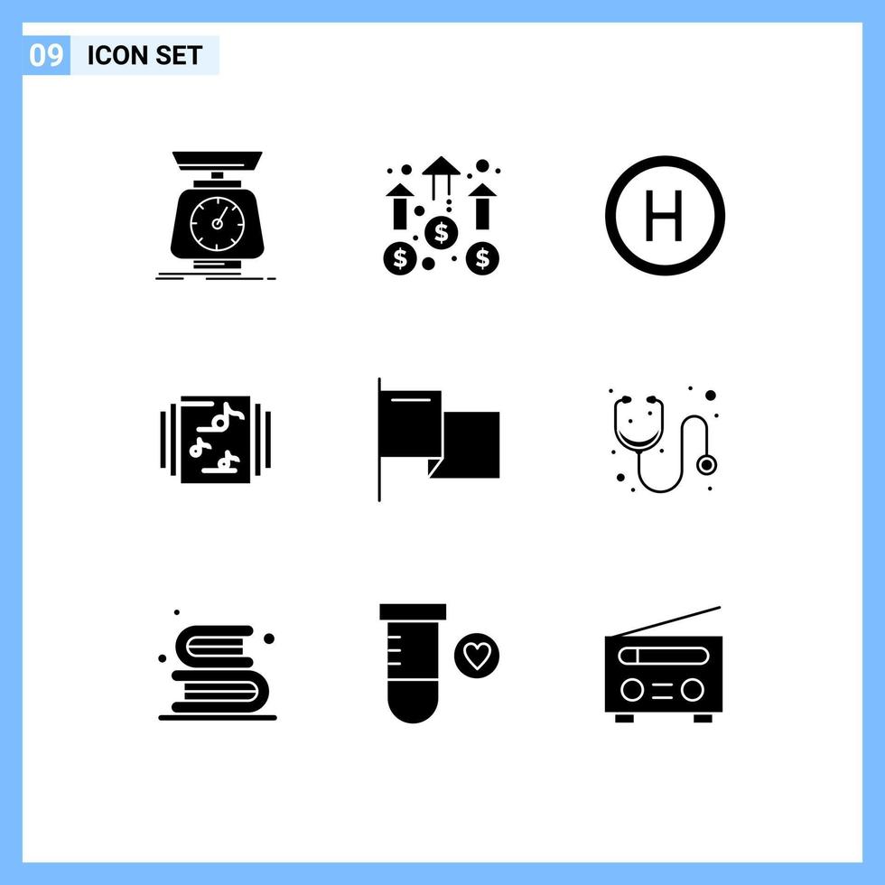 Pack of 9 Modern Solid Glyphs Signs and Symbols for Web Print Media such as flag music marketing library board Editable Vector Design Elements