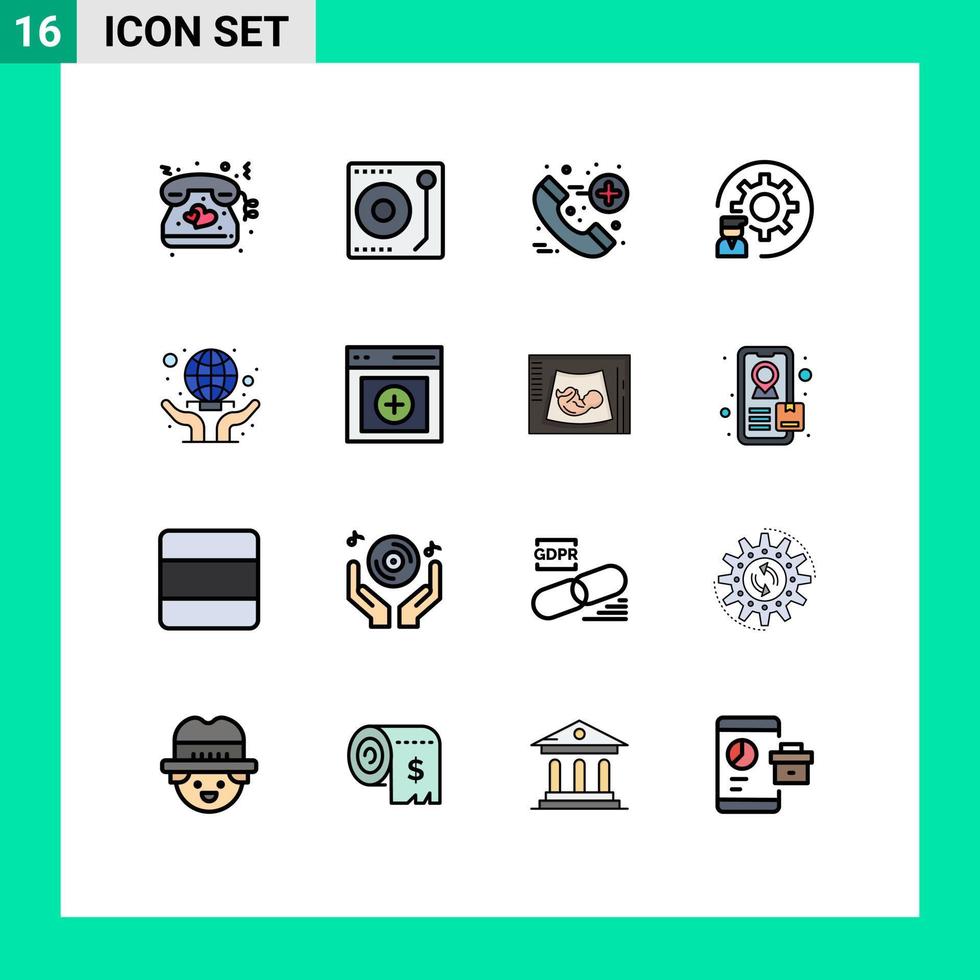 User Interface Pack of 16 Basic Flat Color Filled Lines of globe programmer call process develop Editable Creative Vector Design Elements
