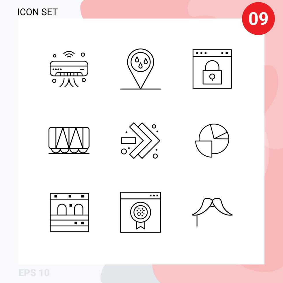 Pack of 9 creative Outlines of fast forward wagon browser vehicle password Editable Vector Design Elements