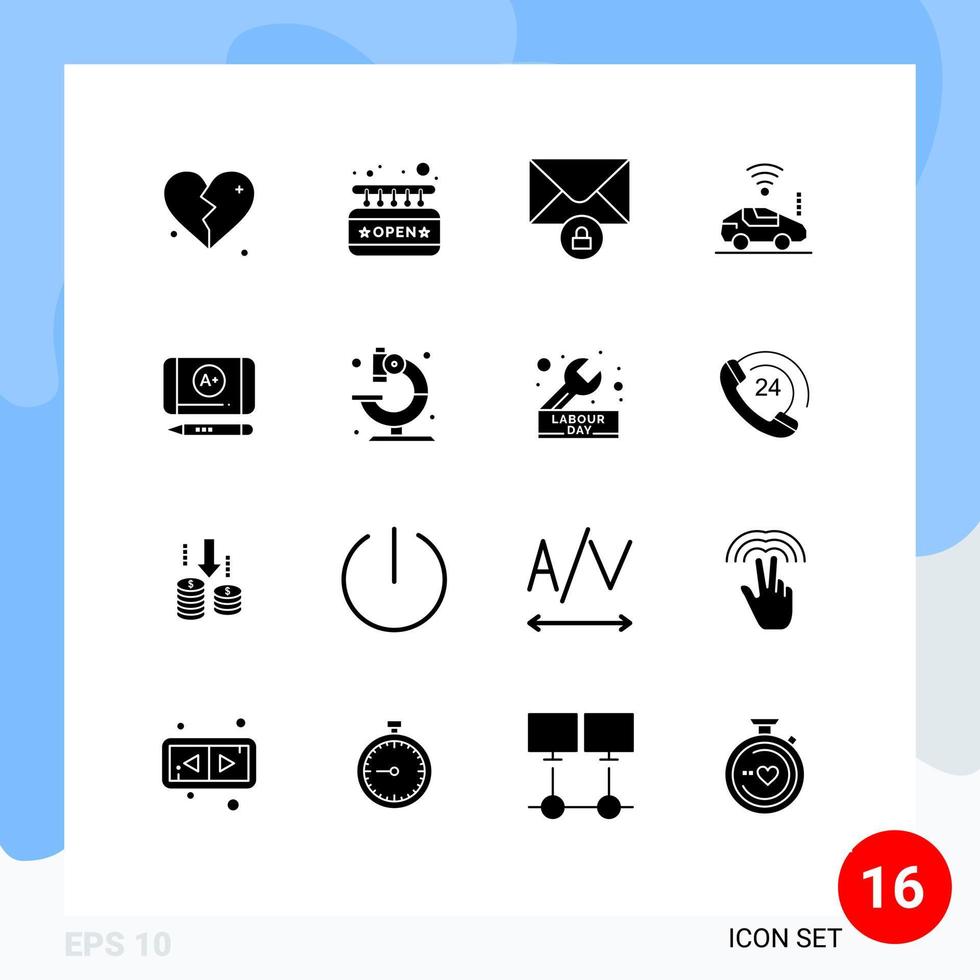 Group of 16 Solid Glyphs Signs and Symbols for education best grade mail signal car Editable Vector Design Elements