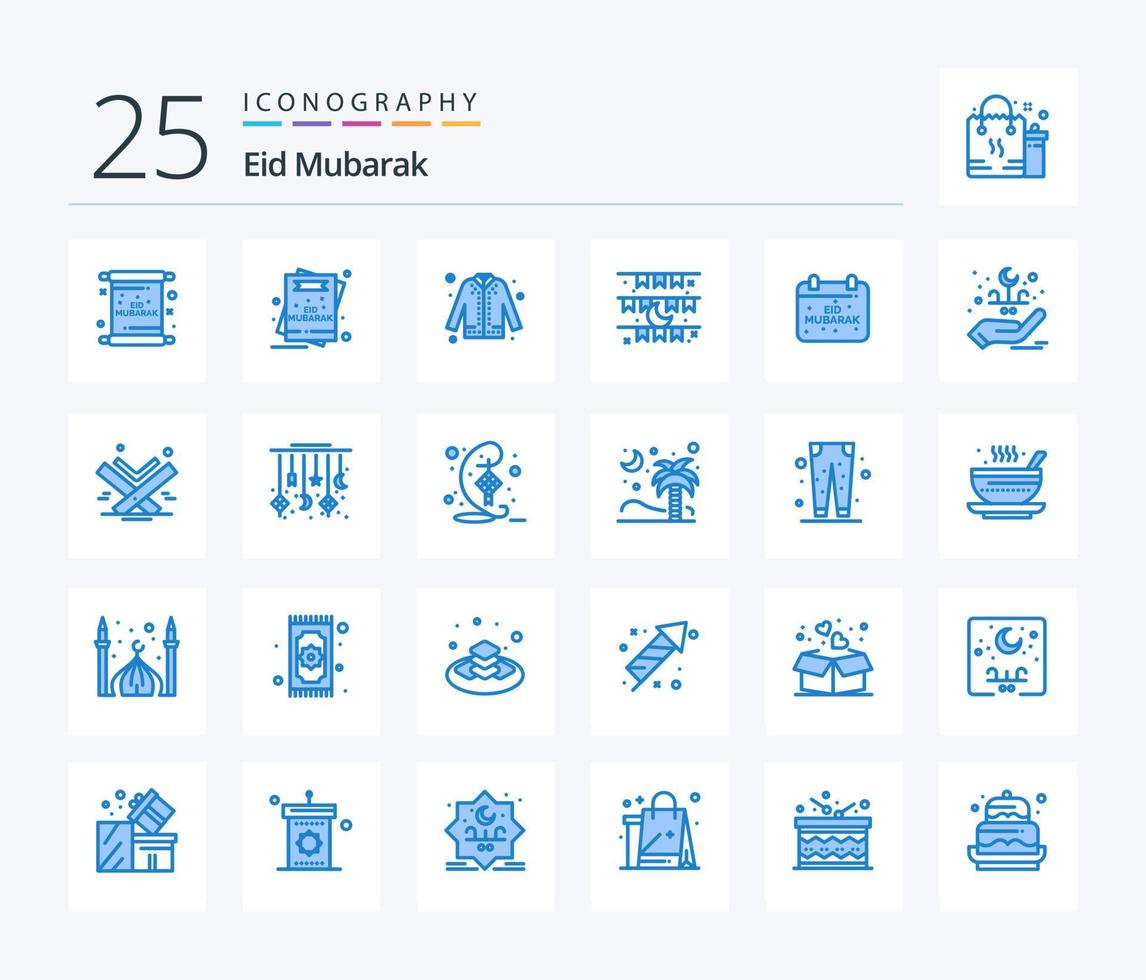 eid Mubarak 25 azul color icono paquete incluso mubarak. calendario. compras. Eid. celebracion vector