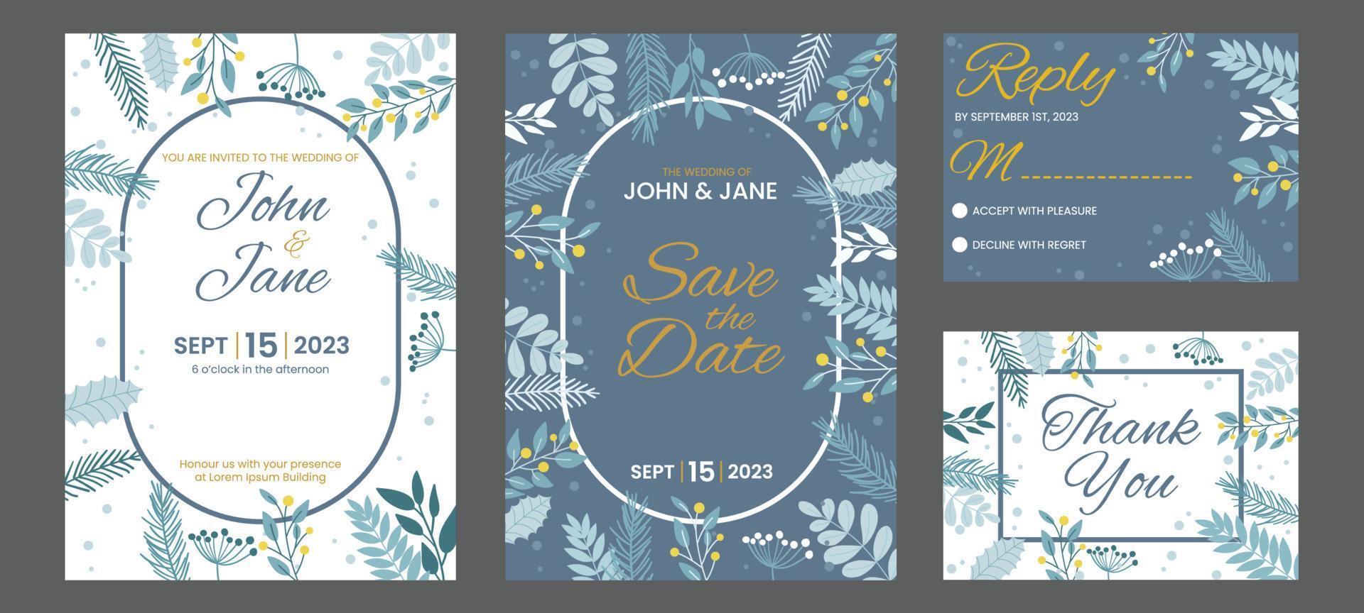 Cold Blue Floral Wedding Invitation Set vector