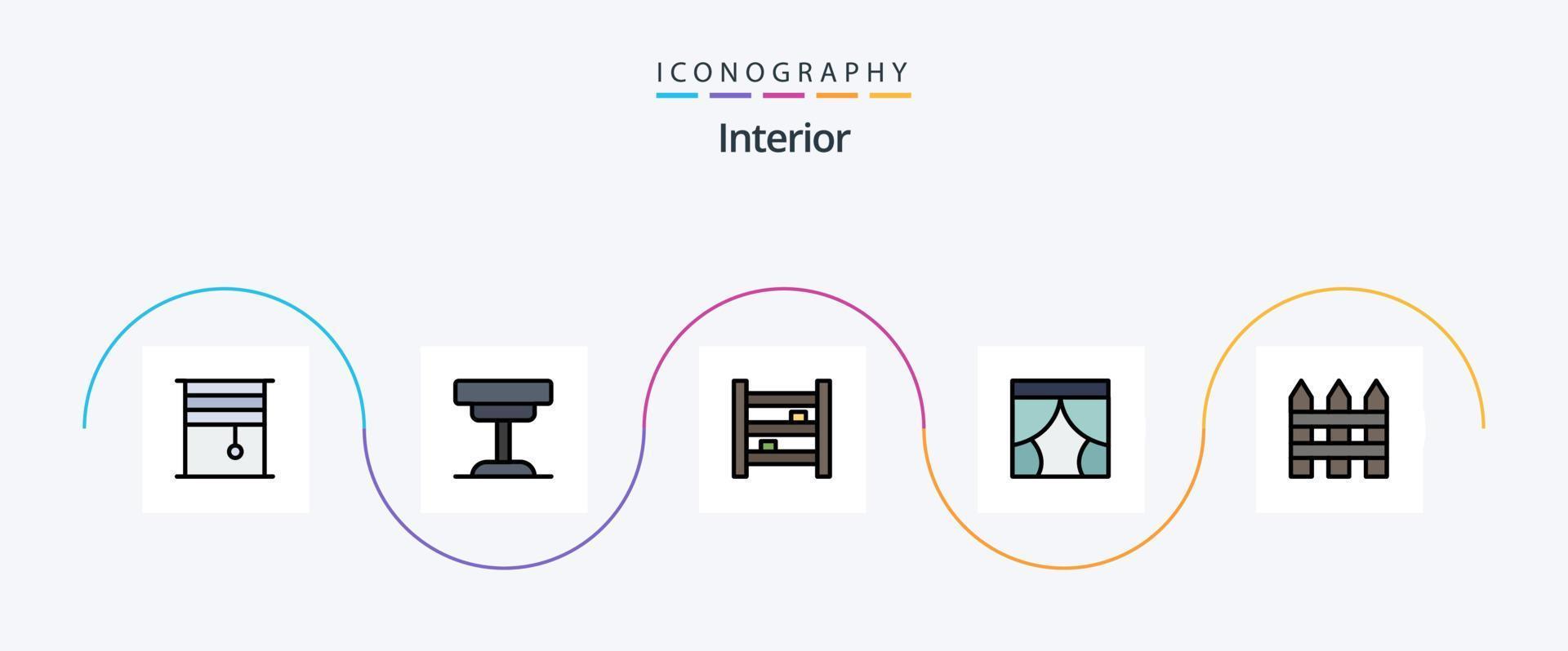 Interior Line Filled Flat 5 Icon Pack Including stage. curtain. interior. kitchen. furniture vector