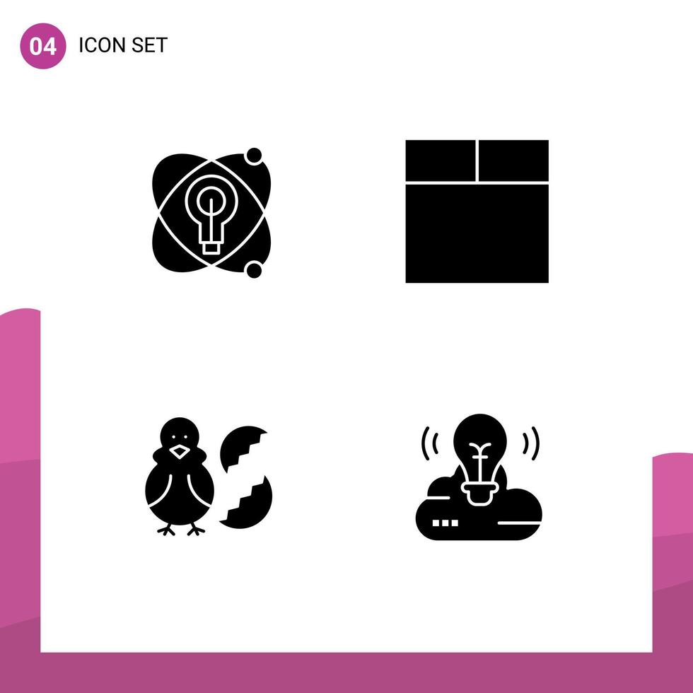 Modern Set of 4 Solid Glyphs Pictograph of atom baby bulb egg bulb Editable Vector Design Elements